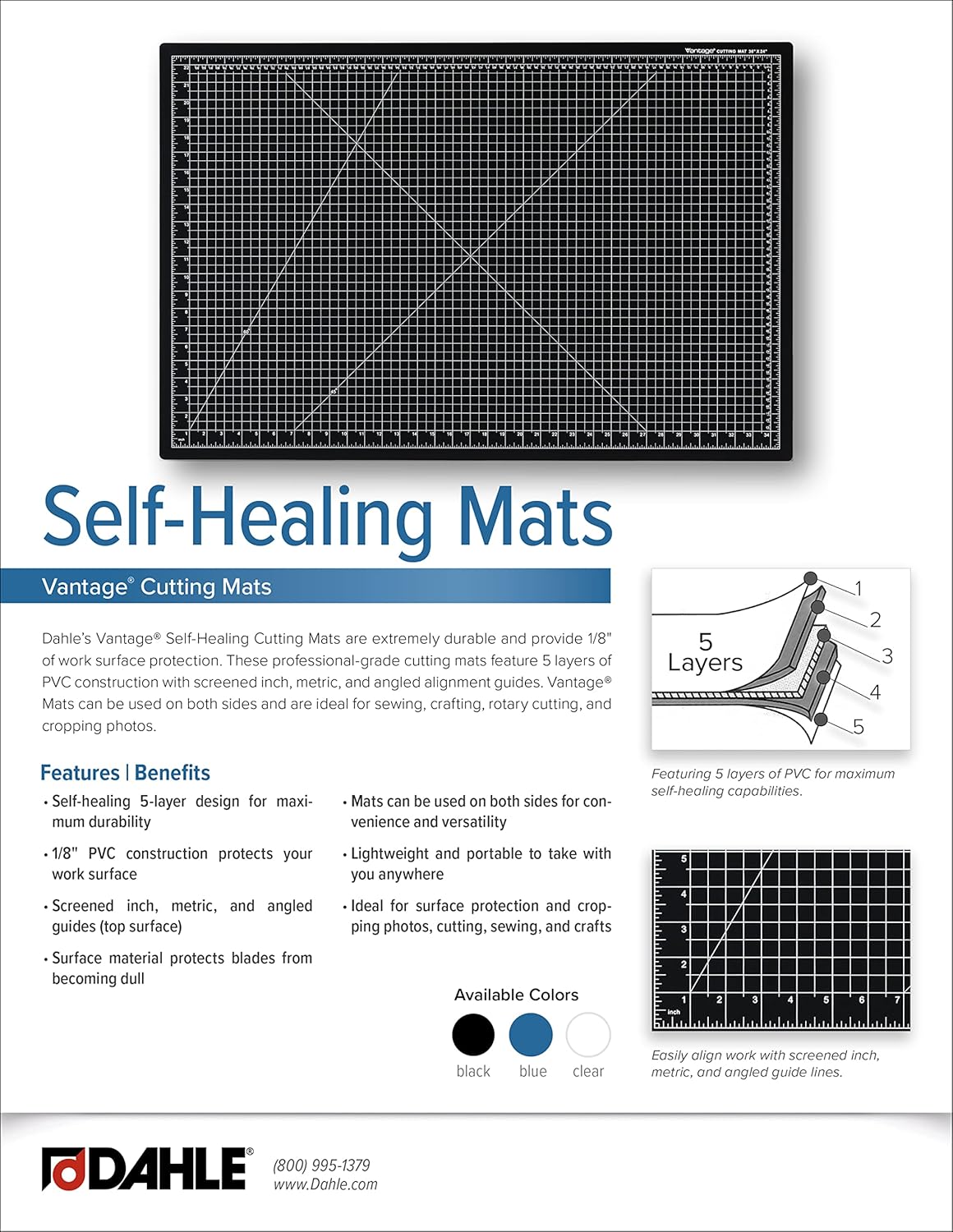 Dahle Vantage 10684 See-Through Premium Self-Healing Cutting Mat, 36"x48", 1/2" Grid, 5 Layers for Max Healing, Perfect for Crafts & Sewing, Clear