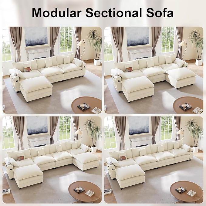 KCGKCG 152" Modular Sectional Sofa, L Shaped Cloud Couch with Movable Ottoman, Chenille Deep Seat Cloud Sofa with Charging Station, Cup Holder, Side Pocket, Sectional Couches for Living Room, Beige