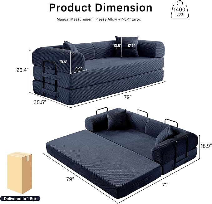 79" 5-in-1 Folding Convertible Sofa Bed, Oversized Corduroy Futon Floor Couch with Pull-Out Sleeper, Modular Boneless Loveseat for Small Spaces, Living Room, Bedroom (Dark Blue)