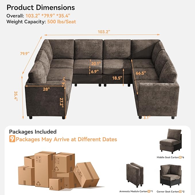 104'' U Shaped Modular Sofa, Sectional Couches with Storage for Living Room, Oversized 8 Seater Cloud Sectional Couch, Chenille Brown