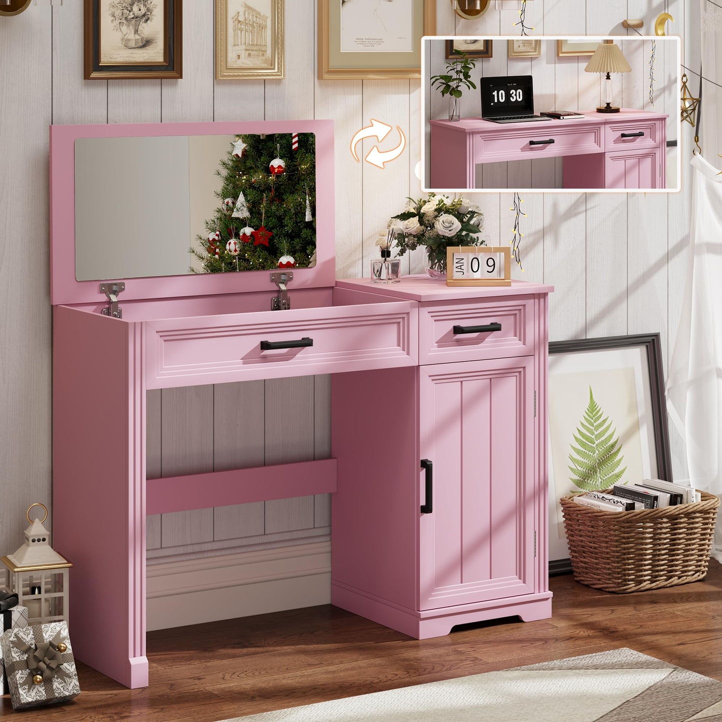 FOMNEY Farmhouse Vanity Desk with Flip Top Mirror, 43.3" W Makeup Vanity with Drawers, Storage Cabinet, Dressing Make Up Vanity Table for Bedroom, Wood Home Office Desk, Pink