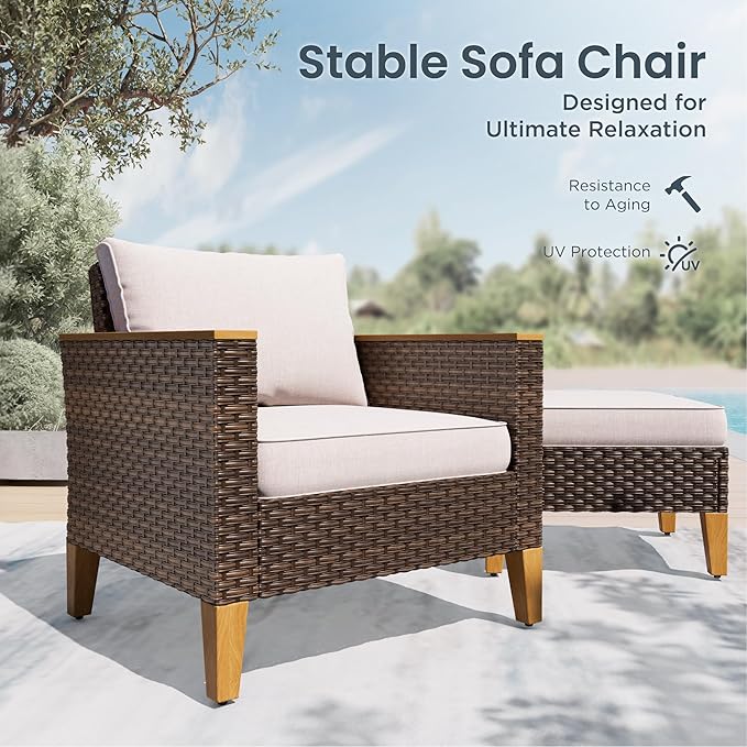 PHI VILLA Half-Moon Patio Furniture Set with 56" Fire Pit Table, Wicker Outdoor Curved Sectional Sofa with Cushions, Ottomans, Single Seats, Large Conversation Seating for Garden or Backyard, Beige