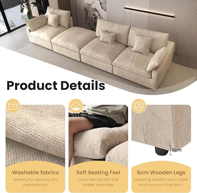 Cloud Couch Modular Sectional Sofa with Ottoman,120inch Down Filled U Shaped 5 Seater Convertible Sofa,Cover Washable and Replaceable Couches for Living Room