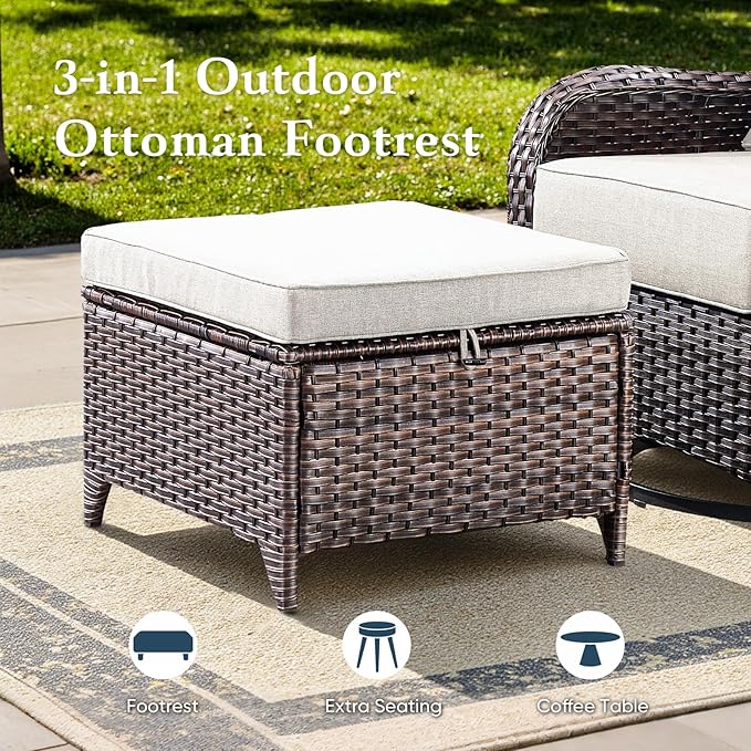 Belord Luxury 6" Thick Cushioned 6 Pieces Patio Furniture Set with Outdoor Couch, Wicker Outdoor Conversation Set with High Back Swivel Rocker Chairs for Deck Porch Yard and Poolside - Brown+Beige