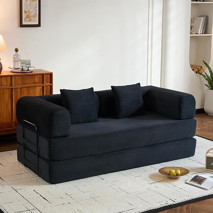 ZEIINPA Convertible Sleeper Sofa Bed with Fixed-Shape Frame, Corduroy Folding Boneless Couch with Cylindrical Pillow, Comfy Floor Sofa Couch for Living Room, No Assembly Required, Black