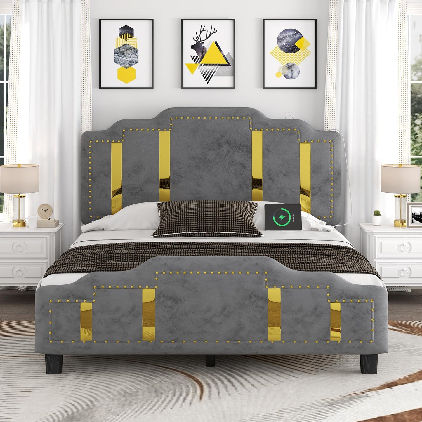 Full Size Bed Frame with Headboard, Velvet Upholstered Platform Bed Frame with Charging Station, Nailhead Trim & Shiny Decor, Solid Wood Slats Support, No Box Spring Needed, Easy Assembly, Grey