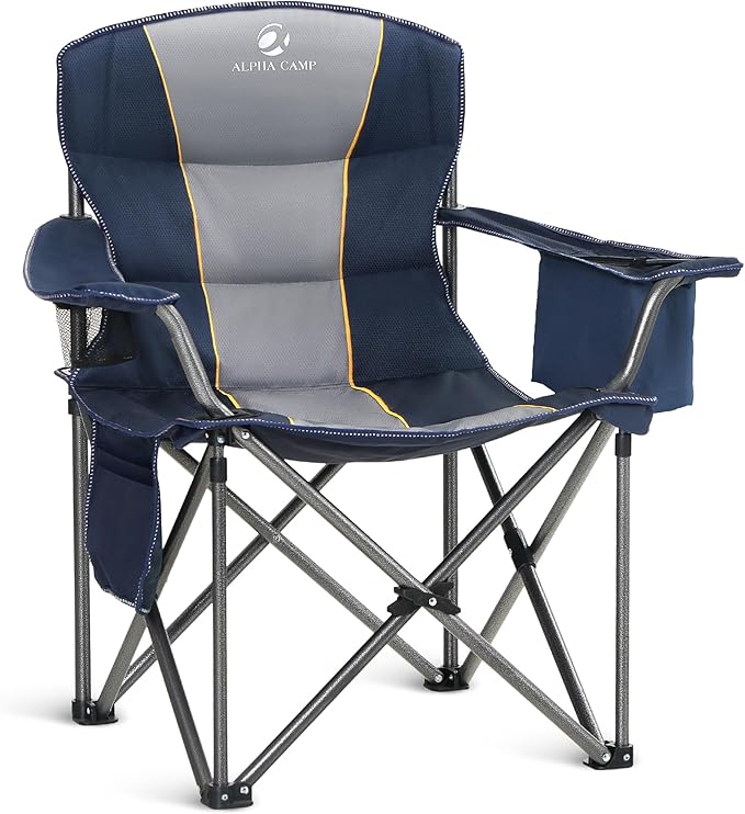 ALPHA CAMP Oversized Camping Chair Heavy Duty Lawn Chair with Cooler Bag Support 450 LBS Steel Frame Collapsible Padded Ar...