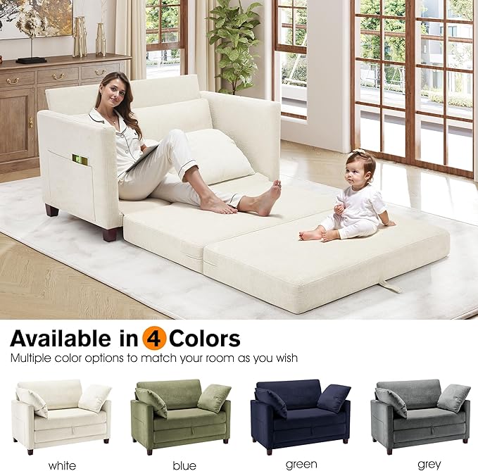 kakuboohi 51" Loveseat Sleeper Sofa Bed, Chenille Convertible Floor Sofa Bed for Small Spaces, Folding Couch Bed with Deep Seat, 2 Pillows & Solid Frame, Pull Out Floor Couch for Living Room, Beige