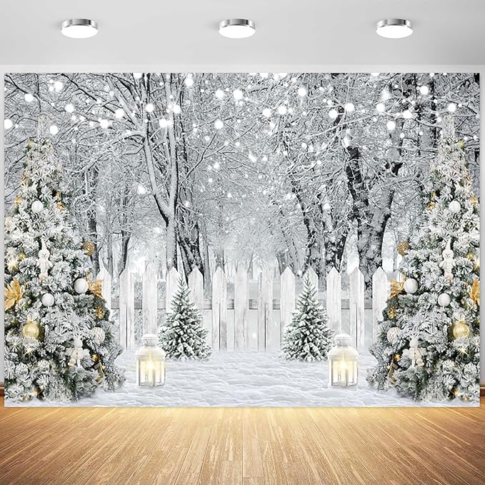 7x5ft Winter Snowy Forest Backdrop Snow Woodland Scene Pine Trees Photography Background Snow Christmas Holiday Party Bann...
