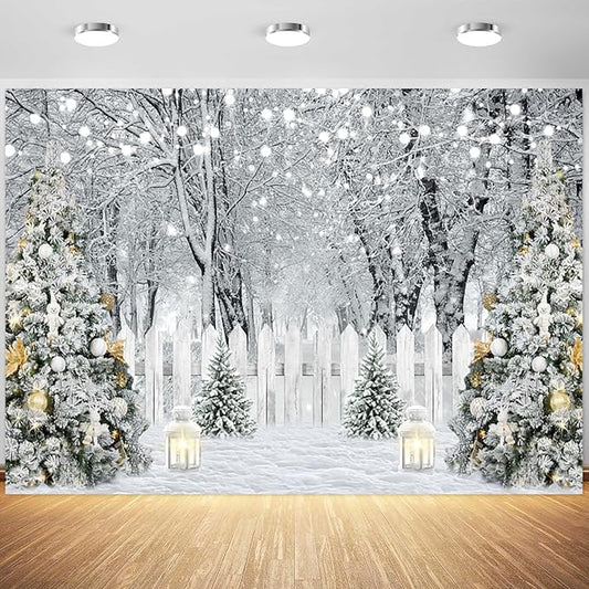 7x5ft Winter Snowy Forest Backdrop Snow Woodland Scene Pine Trees Photography Background Snow Christmas Holiday Party Bann...