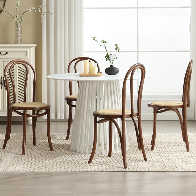 DM Furniture Bentwood Dining Chairs Set of 4 Mid-Century Modern Rattan Kitchen Chairs with Backrest, Armless Curved Wood Bistro Chair for Dining/Kitchen Room,Home No Assembly Required, Walnut Wood