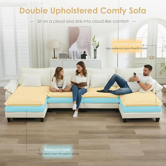 URRED Cloud Couch Modular Sectional Sofa, 157" Modern U Shaped Deep Seat Sofa with 2 Ottomans & Pillows, Ultra Comfy Chenille Couches for Living Room, Bedroom or Apartment, White | Chenille Fabric, Skin Friendly, Breathable, Ergonomic Design, Flexible ...