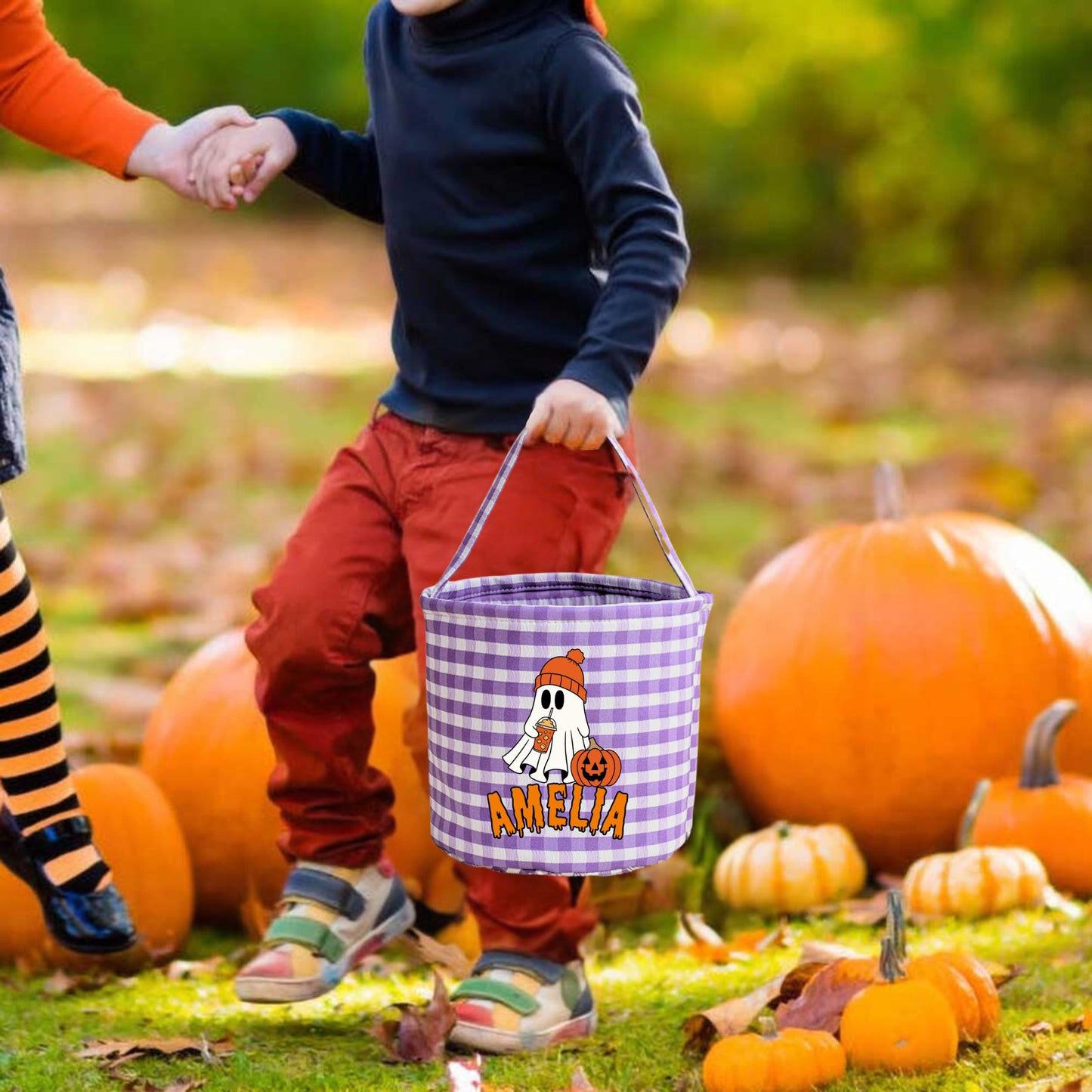 Personalized Halloween Basket,Trick or Treat Basket with Name,Custom Gingham Bag, Halloween Bucket Tote, Ghost Design Trick or Treat Bucket for Kids