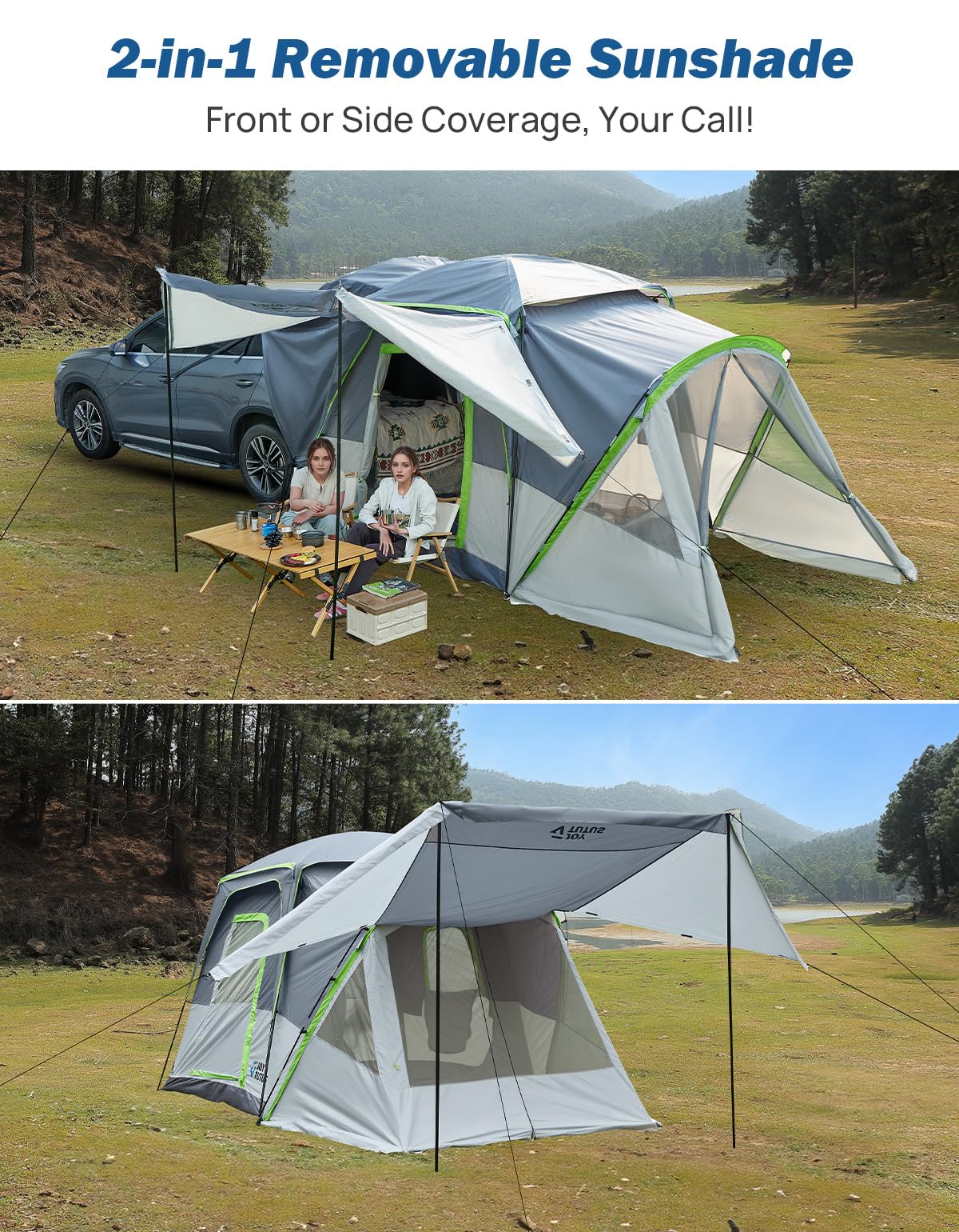 JOYTUTUS SUV Tent with Screen Porch, Rainfly and Awning for Family Camping, 60% More Space Car Tent for 5-9 Person, Dual-Use Camping Tent with 2 Rooms, Double Door, Starry Sky Roof, Gray Green