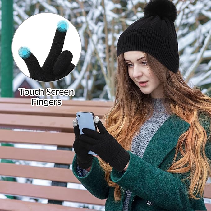 SATINIOR 5 Pcs Winter Hat Scarf Gloves Set Fleece Lined Knit Beanie Hat Warm Touch Screen Gloves Earmuff Warmer for Women(Black,Beauty Style)