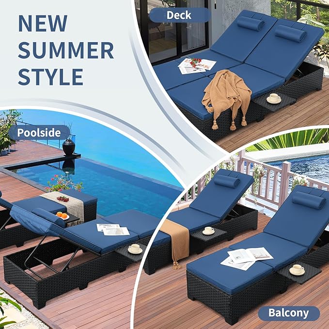 WAROOM Outdoor Chaise Lounge Chairs for Outside Patio Furniture Set of 2 Wicker Recliner Black Rattan Reclining Pool Sunbathing Chair Adjustable Backrest Lounger with Blue Cushion