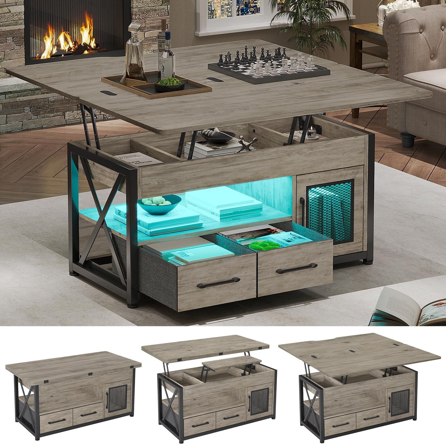 Itaar 40" Lift Top Coffee Table, 4 in 1 Coffee Tables with Storage Cabinet for Living Room, Small Farmhouse Coffee Table with 2 Fabric Drawers & LED Light for Dining Room, Grey