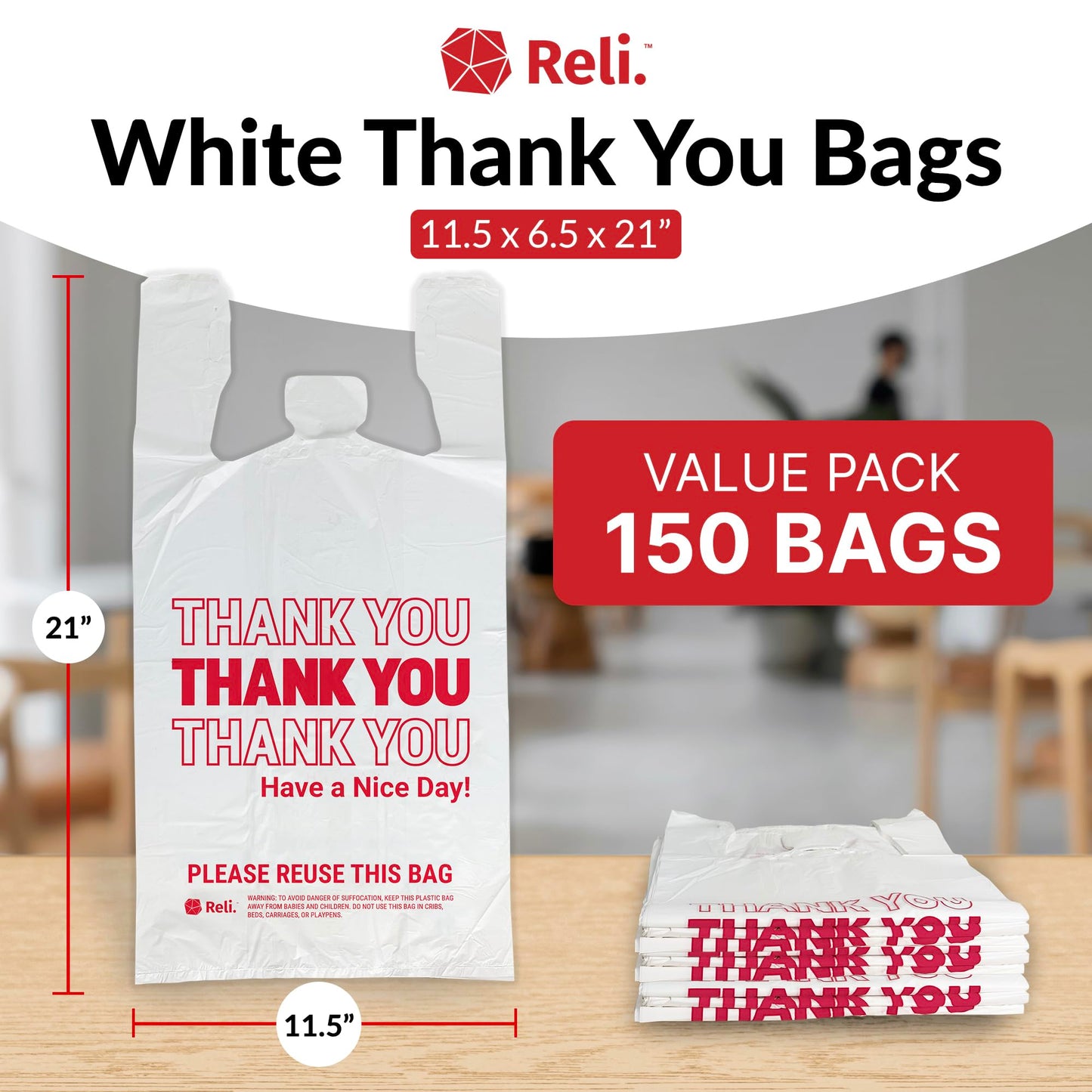 Reli. Thank You Plastic Bags | 150 Pack | (11.5" x 6.5" x 21"), White | Plastic Bags with Handles | Ideal for Grocery, Shopping, Food Take Out, Restaurants, Small Business