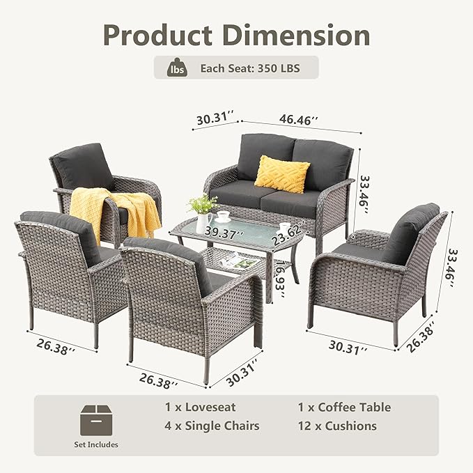 CAODOC 6-Piece Wicker Patio Furniture Set, All-Weather Rattan Conversation Bistro Loveseat Chair and Table Set for Backyard, Balcony and Deck with Soft Cushions and Metal Table(Black)