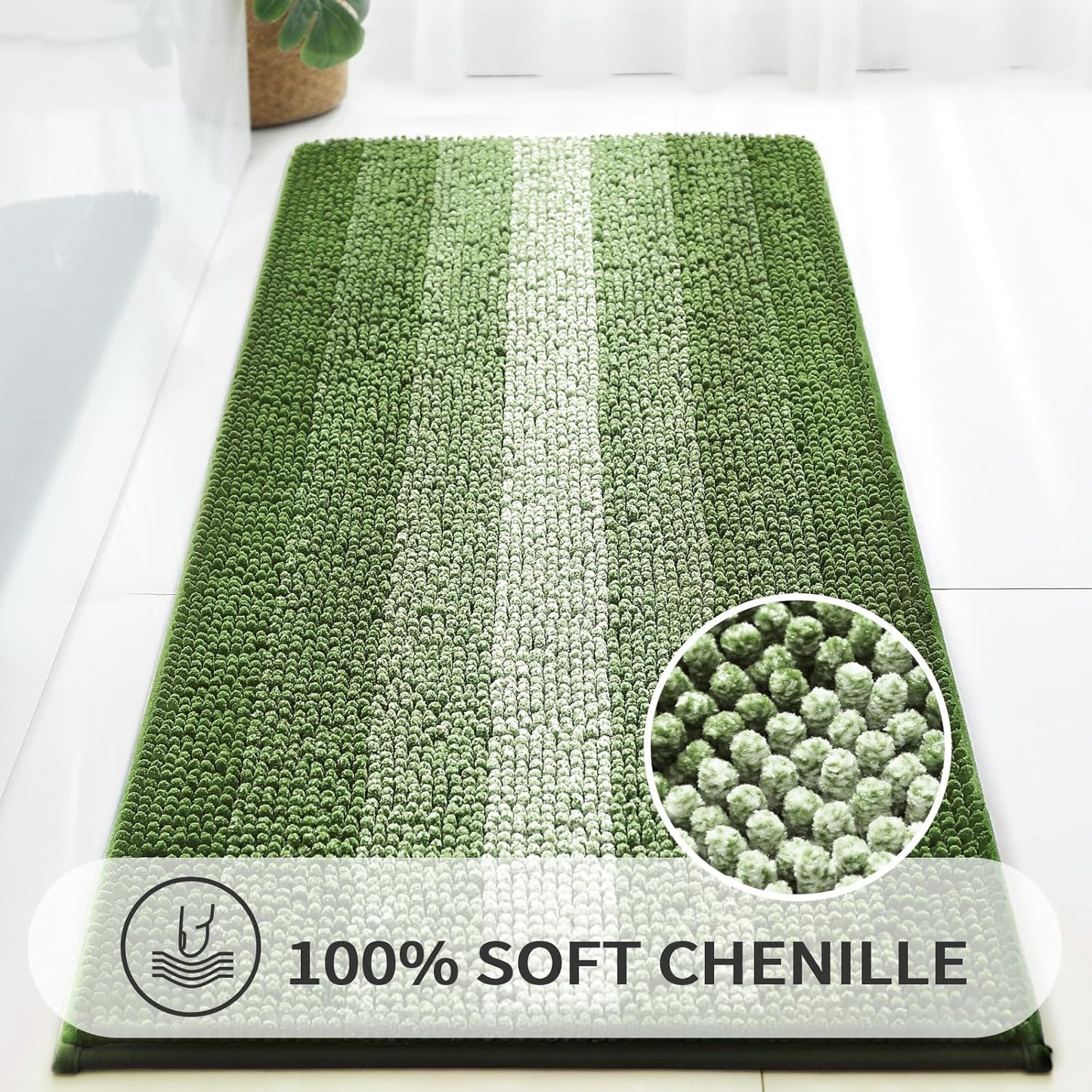 Gibelle Long Bathroom Rugs, Luxury Chenille Bath Mat, Small Non Slip Shower Rug and Bath Room Floor Mats, Machine Washable, Quick Dry Bathmat, Soft Cozy Plush Rug for Tub, 20" x 47", Green