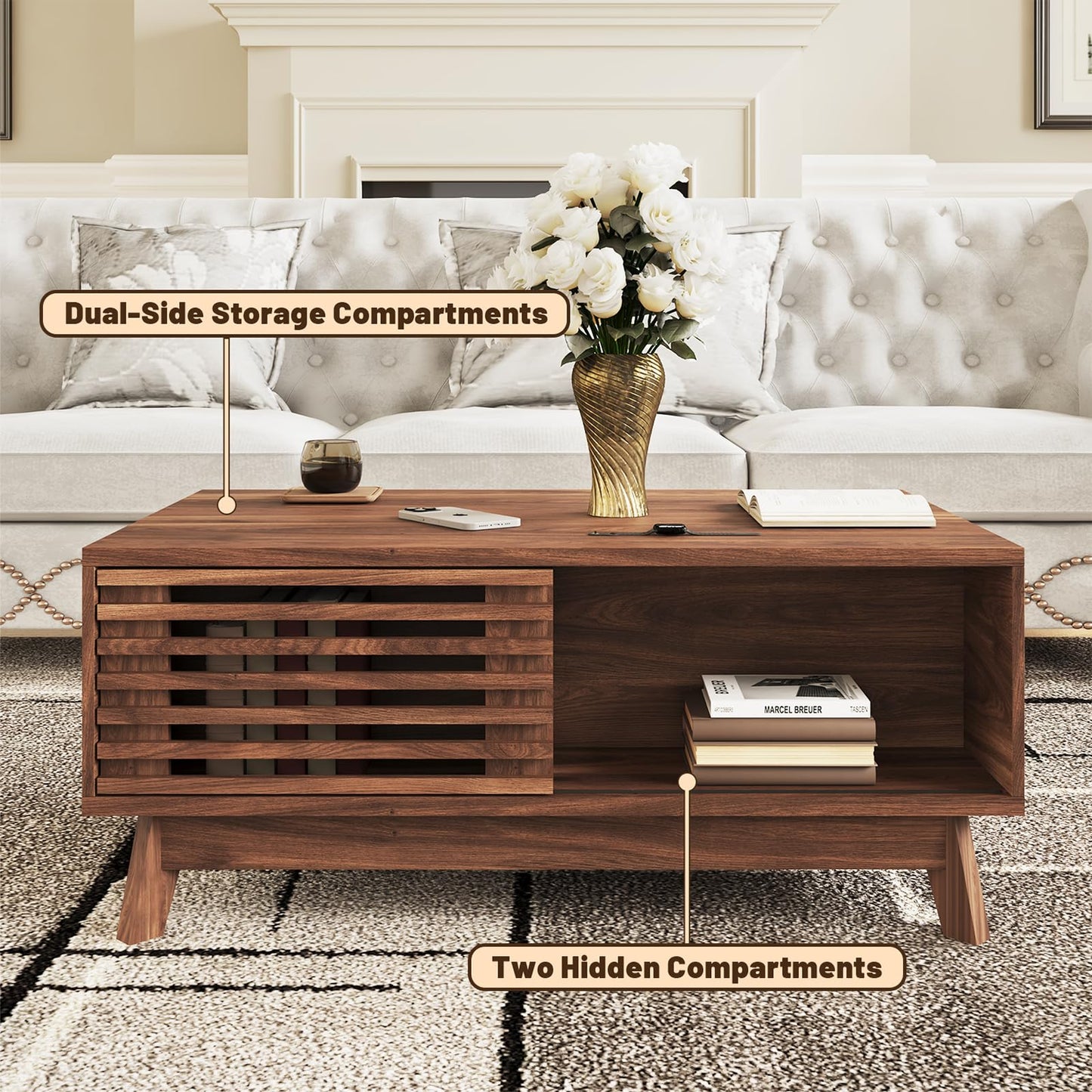 HAIOOU Lift Top Coffee Table, Mid Century Modern Coffee Table with Storage for Living Room, Walnut Coffee Tables with Sliding Fence Door, 35.4'' Rectangular Fluted Center Table (Brown)