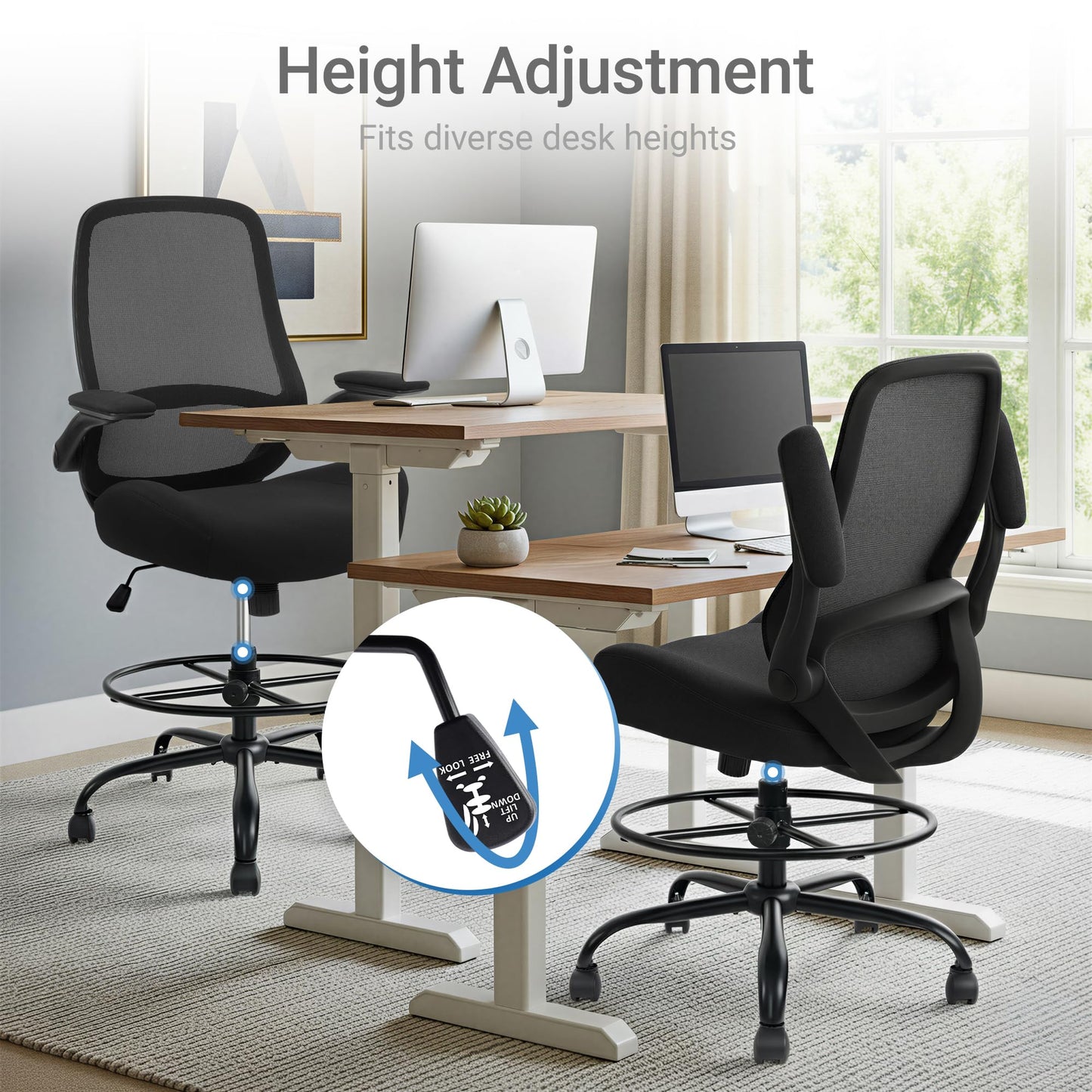 HYLONE Drafting Chair Tall Office Chair with Flip-Up and Adjustable Armrests Ergonomic Computer Chair with Adjustable Footrest Ring Mesh Standing Desk Chair (Black)