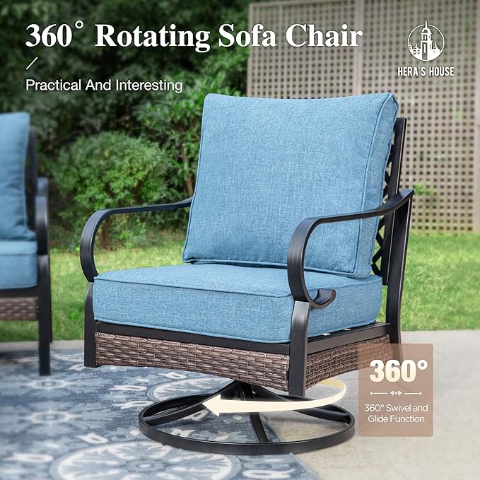 HERA'S HOUSE 4 Piece Metal Patio Furniture Set, All Weather Outdoor Conversation Set with 3 Seat Sofa, 2 Swivel Chairs & Coffee Table, Seats 5 for Backyard, Garden, Deck, Navy Blue