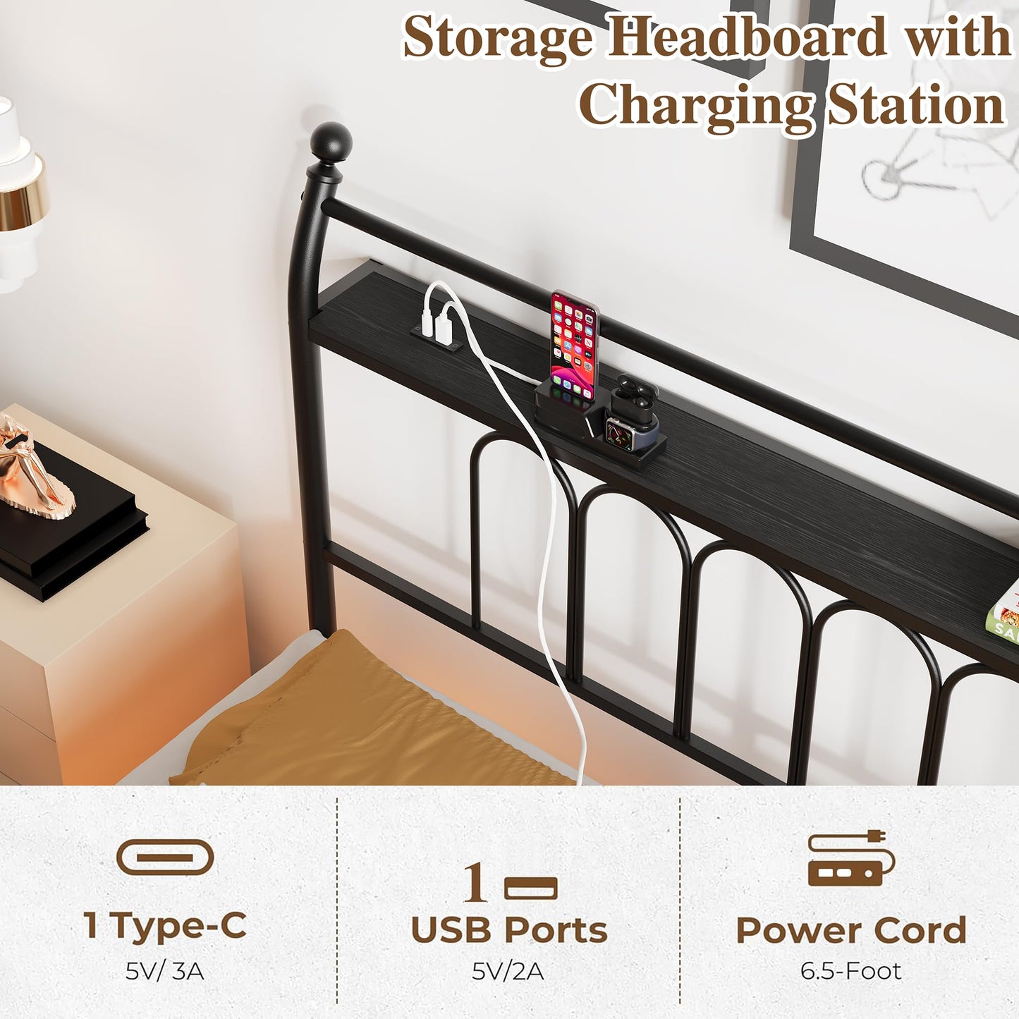 VERFARM Floating Double Bed Frame with USB Charging Station, LED Bed Frame with Wood Storage Headboard, Metal Platform Bed Frame Full Size, No Box Spring Needed, Steel Slat Support, Easy to Assemble