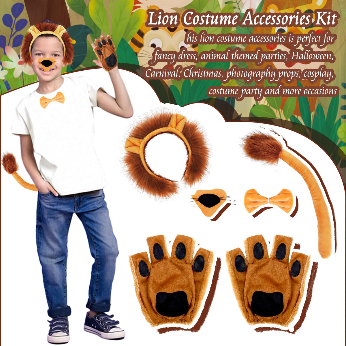 NinkyNonk 6 PCS Lion Costume Kits Includes Lion Ears Headband Tail Nose Bowtie Gloves for Lion Cosplay Halloween Party Dress Up 101 Days of School Supplies