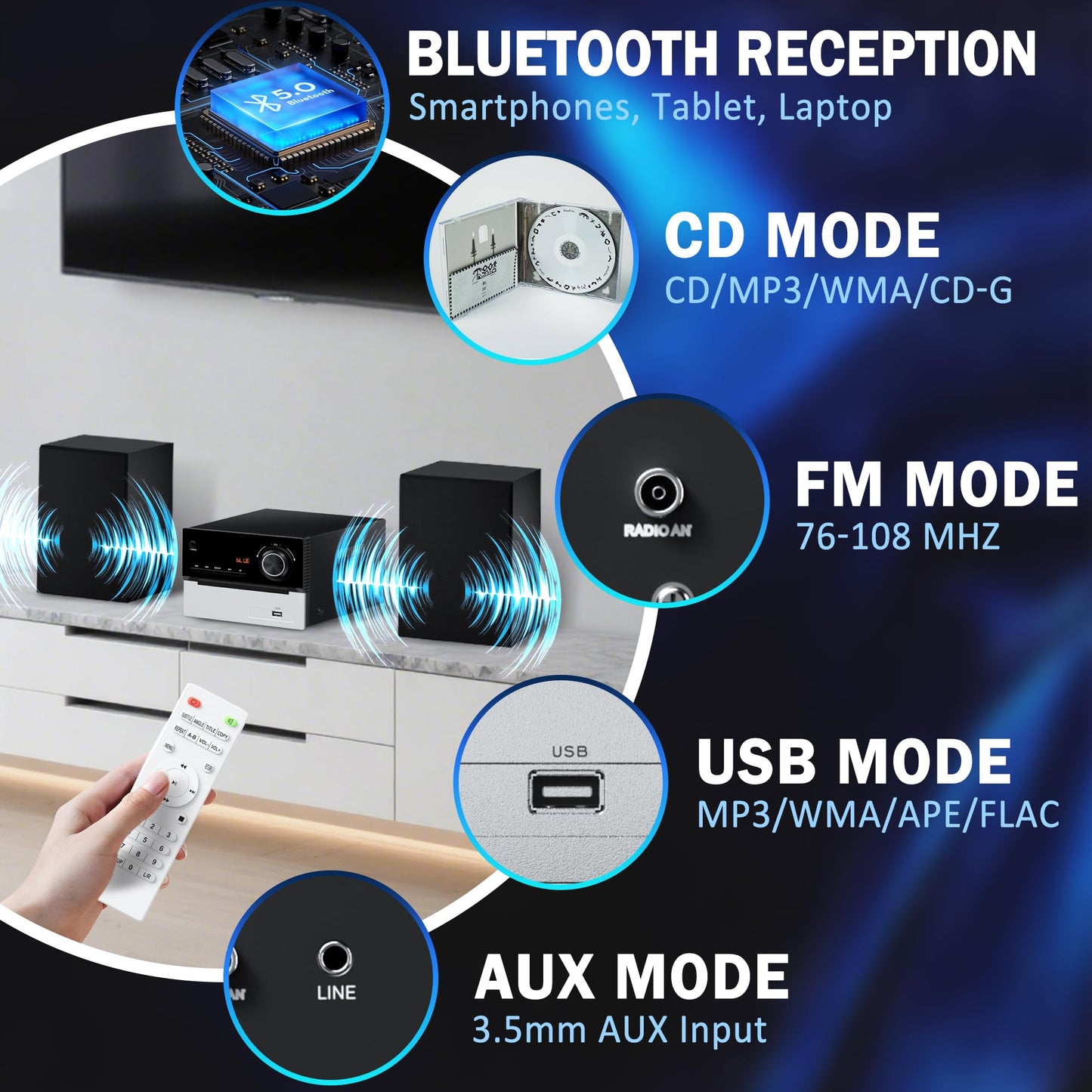 Bluetooth Stereo System For Home, Fm Radio And Cd Player, Home Stereo System With 2X15W Speakers, Usb, Aux Input, Remote Control