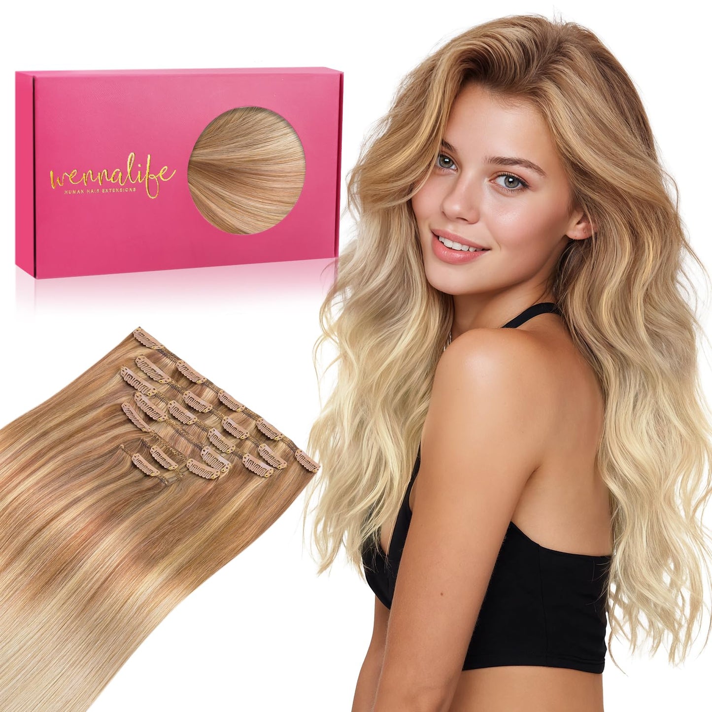 WENNALIFE Clip in Hair Extensions Real Human Hair, 16 Inch g 7pcs Ash Beige Blonde Blend Remy Hair Straight Natural Extensiones