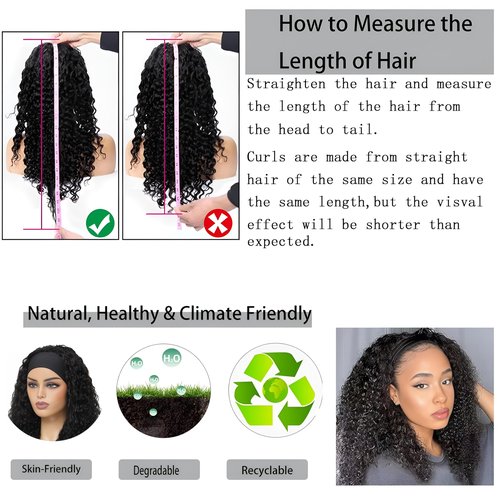 Prisyfab Curly Headband Wig Human Hair 20Inch Human Hair Headband Wig Glueless Wear and Go Human Hair Scarf None Lace Front Wigs 150% Density Natural Color