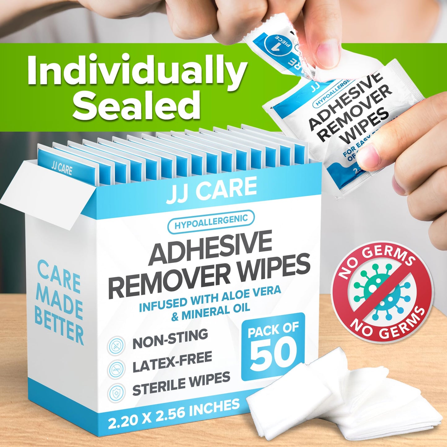 JJ CARE Adhesive Remover Wipes (Pack of 50) 2.2” x 2.56 Inches, Adhesive Remover for Skin, No Sting Medical Adhesive Remover, Ostomy Adhesive Remover for Sensitive Skin - Individually Packed