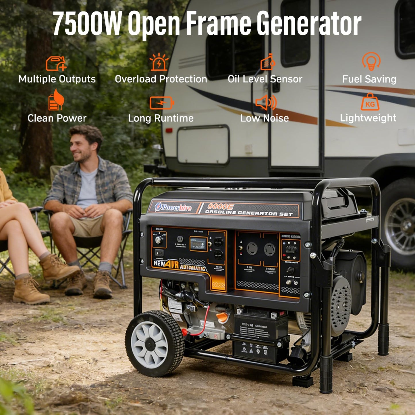 Powerhive 7500 Watt Generator, Remote Electric Start Gas Powered, Transfer Switch Ready with Wheel Kit, CO Sensor