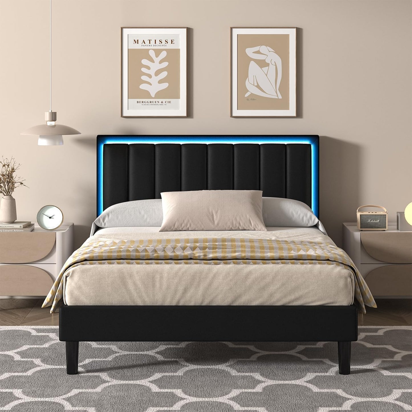 IMMERSTABLE Queen Bed Frames with LED Lights, Upholstered Bed Frame Queen, Queen Bed Frame with Headboard, No Box Spring Needed, Noise-Free, Easy Assembly, Black