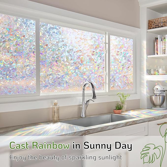 LUTE Window Privacy Film, Rainbow Window Film, 3D Decorative Stained Glass Cling, Non-Adhesive Vinyl Static Cling Removable Glass Stickers, Sun UV Blocking Decal Covering for Home, 35.4 x 118.1 inches