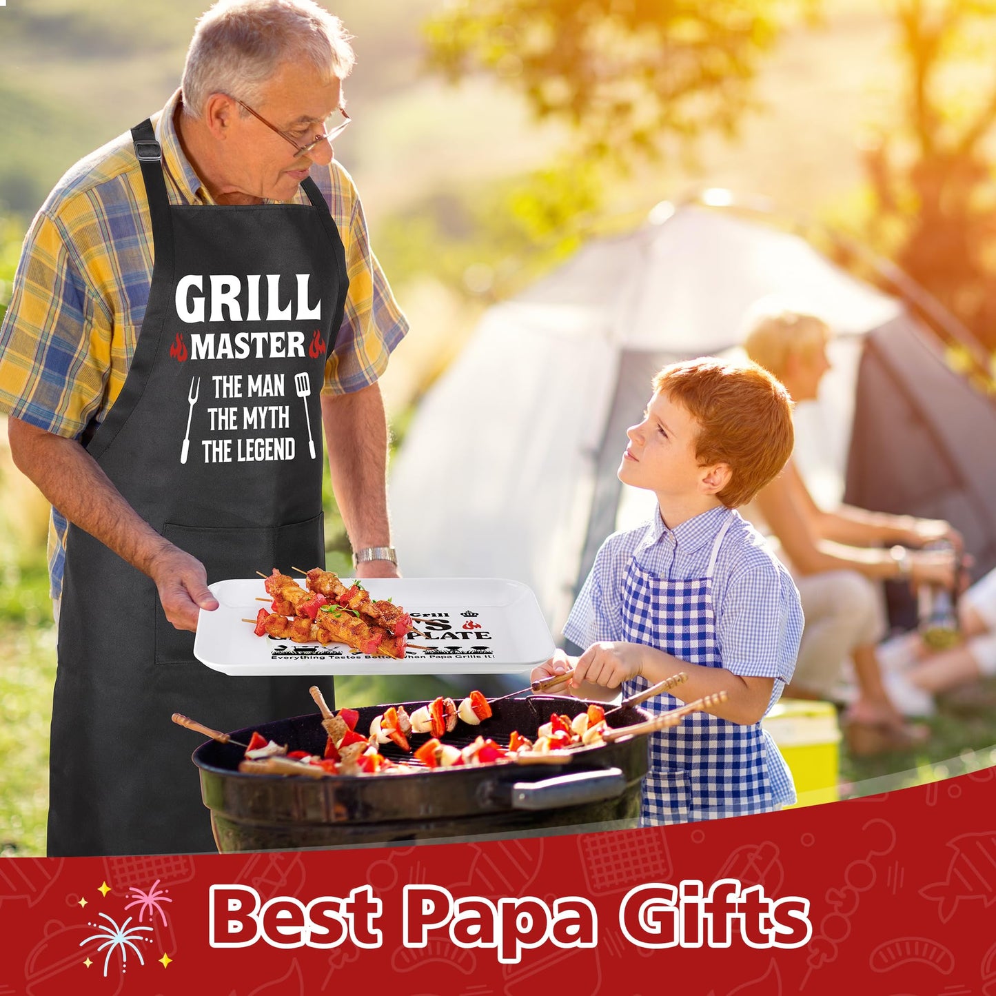 Papa Gifts,Christmas Birthday Gifts for Dad from Daughter Son,Best Papa Gift from Grandkids,Great Dad Grandpa Grandparents Present from Granddaughter Grandson,Funny BBQ Grilling Platter with Apron Set