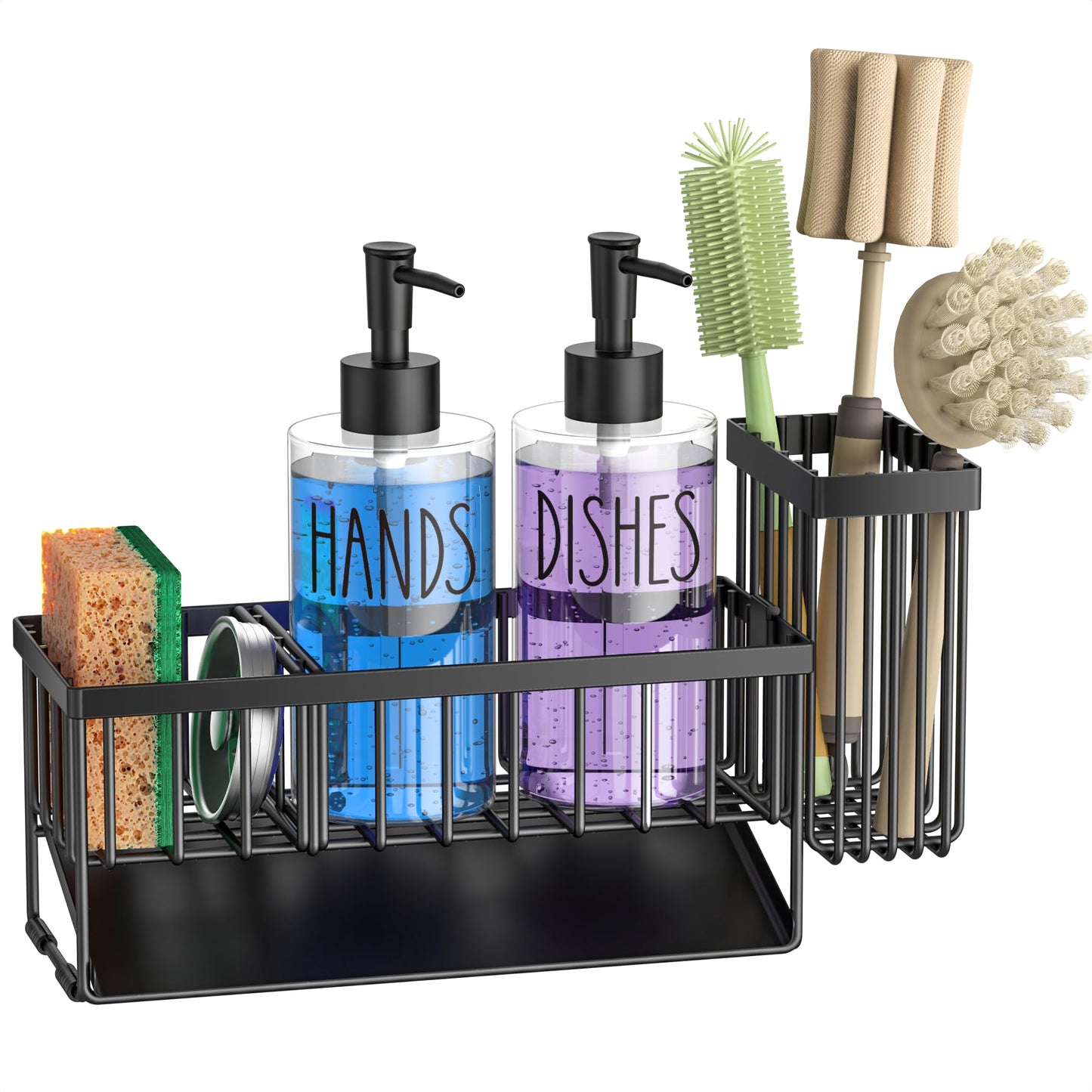MASADI Kitchen Dish Soap Dispenser Set with Sponge Holder, 12OZ Glass Bottle, Hand and Dish Soap Dispenser Set, Non-Slip Silicone Pad, Brush Holder, Kitchen Sink Organizer Countertop (Black+Clear)
