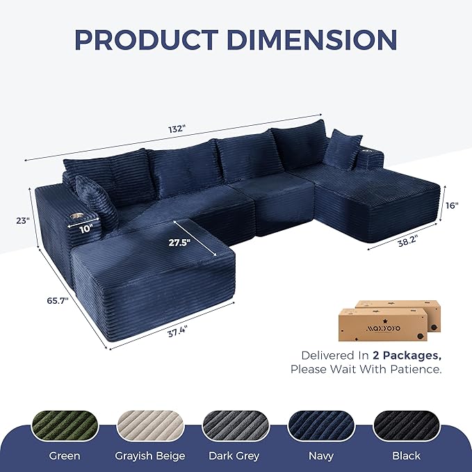 MAXYOYO 132" Giant U-Shaped Modular Sectional Couch, Modern Boneless Couch for Living Room, Sofa in A Box, Oversized Sofa Sleeper with Deep Seat, No Assembly Required, Navy