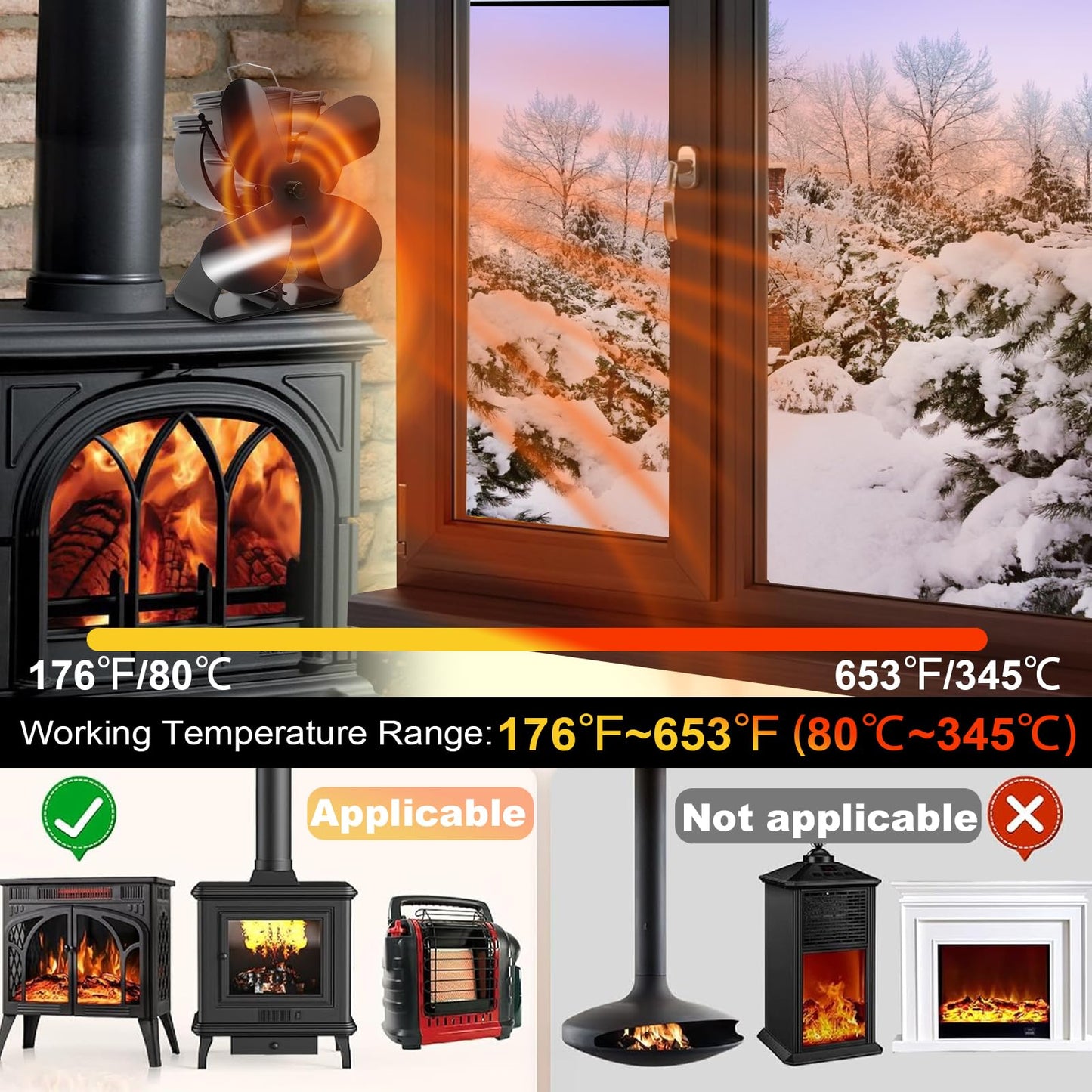 VODA 4-Blade Heat Powered Stove Fan for Wood/Log Burner/Fireplace increases 80% more warm air than 2 blade fan