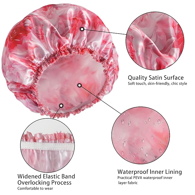 4 PCS Shower Caps for Women, Printing Bath Caps, Double Layers Shower Cap Reusable Waterproof, Bathing Shower Caps, Environmental Protection Hair Bath Hat - Flower