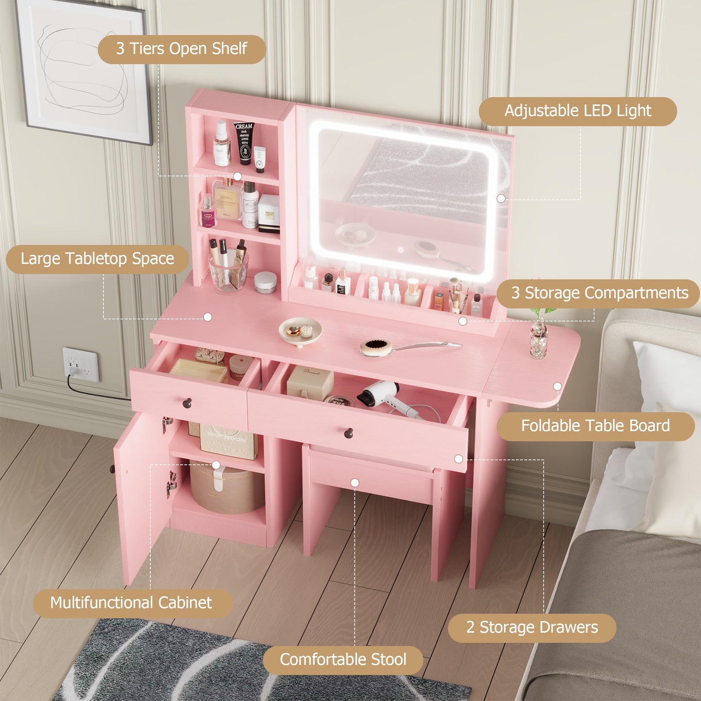 Garvee Vanity Desk with Mirror & Light, Makeup Vanity Table with Charging Station, Large Storage Cabinet & 2 Drawers & 3 Open Shelves, 3 Lighting Modes Adjustable Brightness, Bedroom Dressing, Pink
