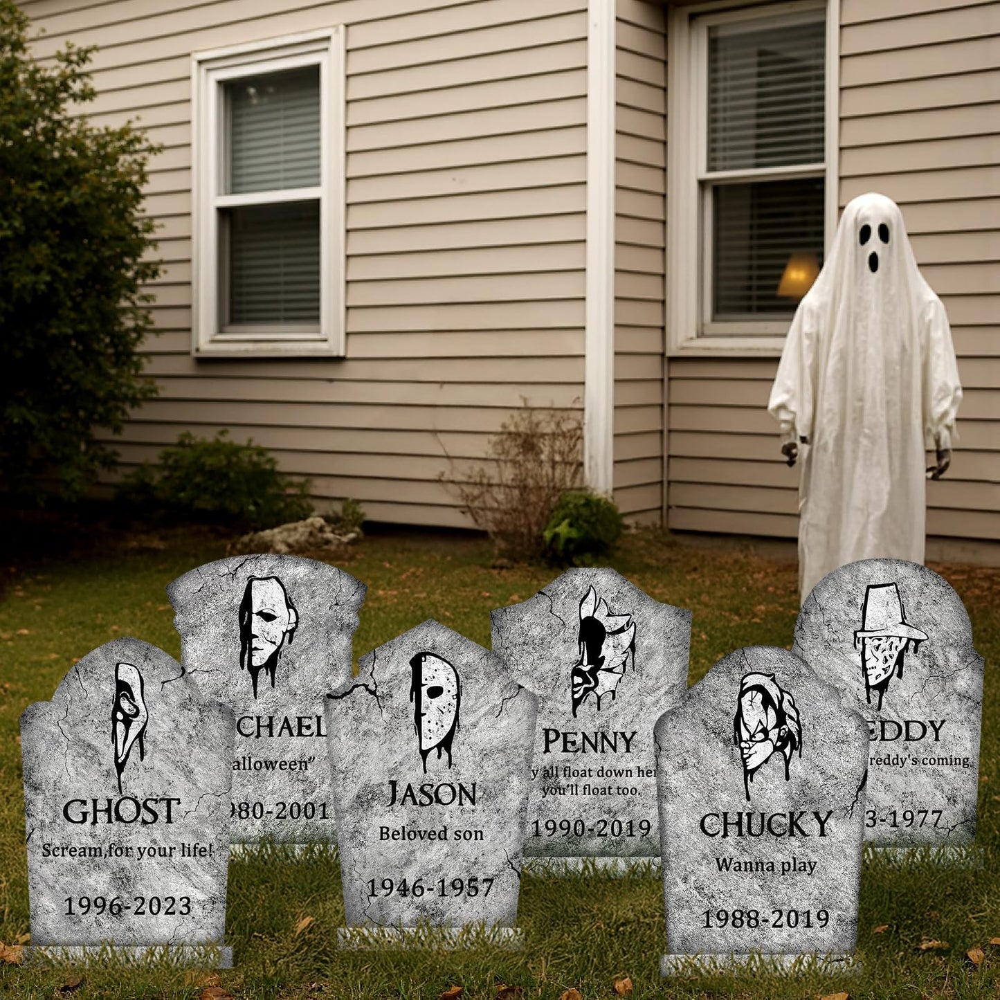 Halloween Decorations Outdoor Graveyard Tombstones: 6ct Large Tombstone Halloween Decor Yard Signs with Stake, 17" Tall Scary Gravestones with Half Killer Face, Waterproof Lawn Decor Outside, Not Foam