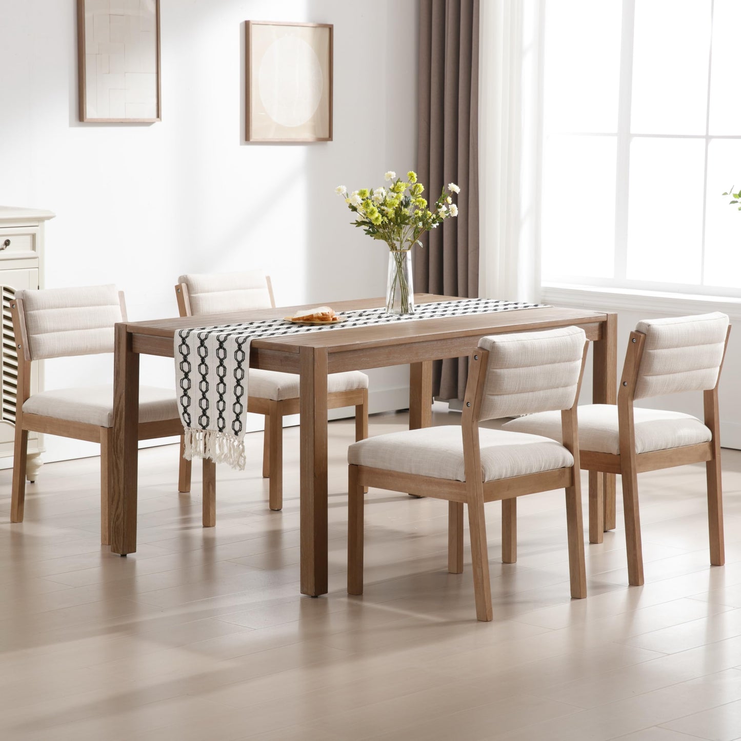 RIVOVA Linen Dining Chairs Set of 4, Comfortable Upholstered Seats with Wood Legs, Mid Century Modern Chairs for Kitchen, Living, Bedroom, Restaurant, Beige