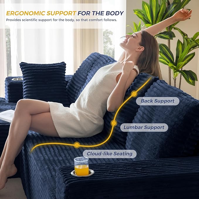 MAXYOYO 104" Modular Sectional Couch with L-Shape Chaise, Modern Boneless Couch for Living Room, Sofa in A Box, Oversized Sofa Sleeper with Deep Seat, No Assembly Required, Navy