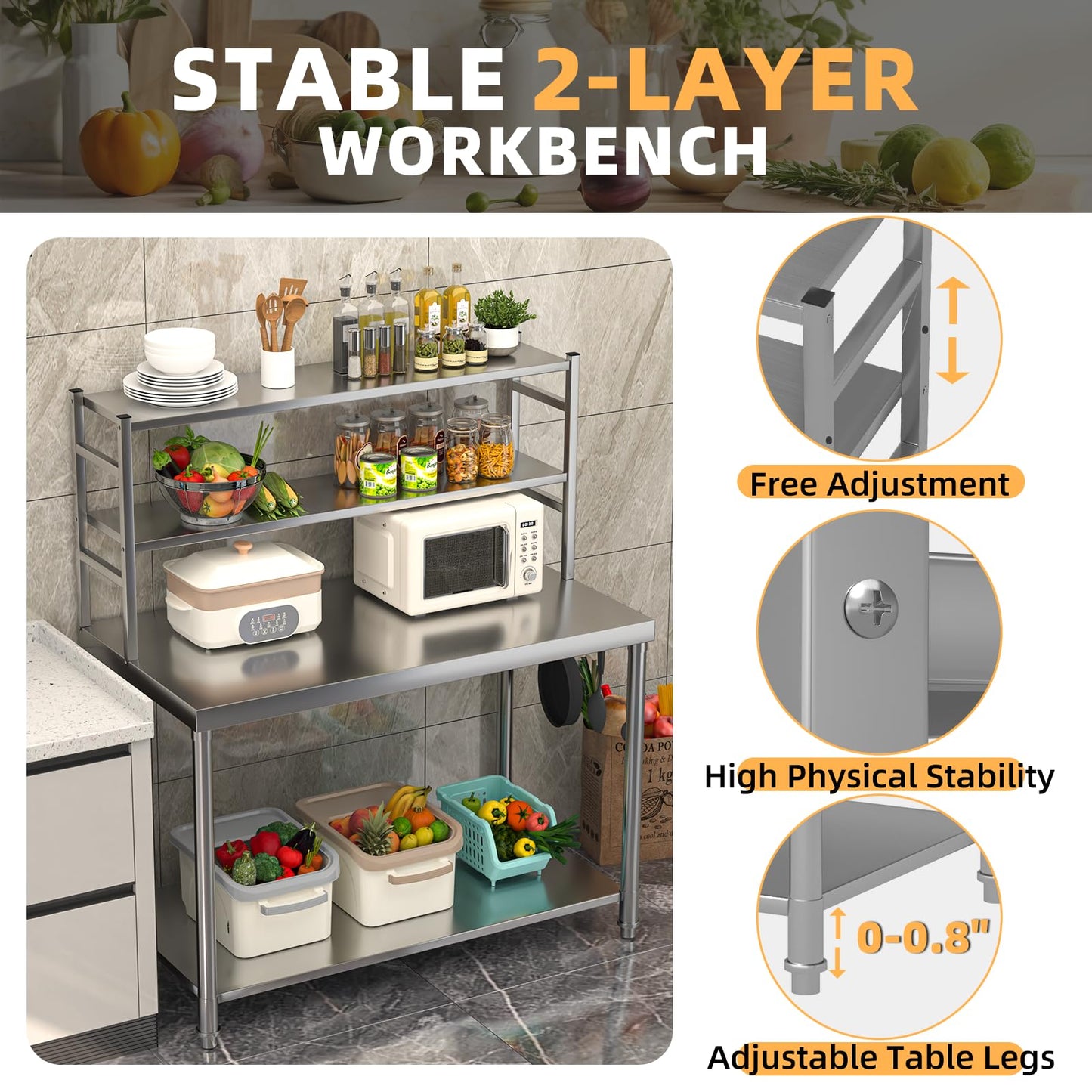 JFHID Stainless Steel Table with Shelves 48"x24" Prep Table for Commercial Kitchen Steel Countertop with 2 Adjustable Tier Overshelves Worktable Workbench for Home Restaurant (Large)