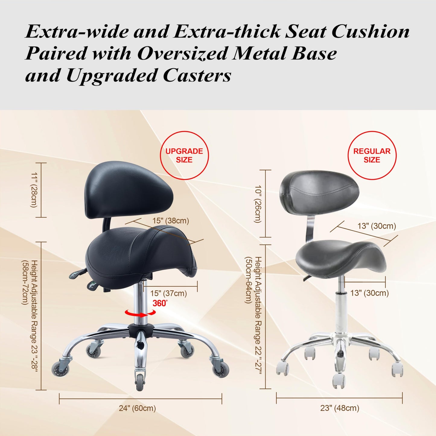 Saddle Stool with Adjustable Lumbar Support - Heavy Duty 400LB Hydraulic Rolling Stool Chair with Backrest, 19"-25" Height Adjustable with Quiet Wheels for Salon, Dental, Tattoo, Massage, Home Office