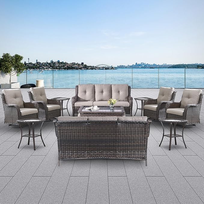 Belord Wicker Patio Furniture Sets - 13 Piece Outdoor Rattan Furniture Conversation Sets with 4 Swivel Rocker Chairs, 2 Rattan Sofas, Wicker Ottomans and Coffee Table, Brown/Grey