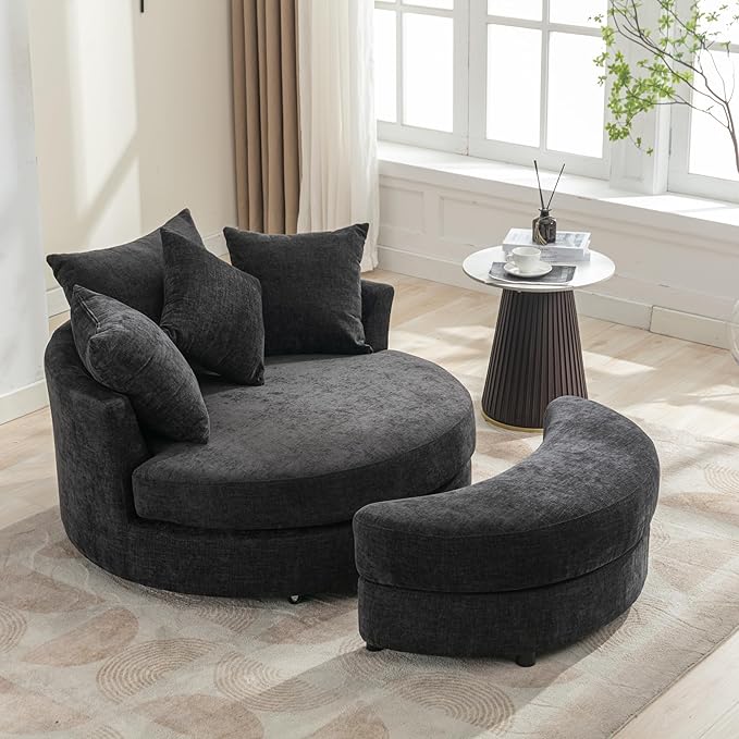 Yoglad Oversized Round Swivel Accent Chair - Modern 360 Degree Barrel Chairs with Storage Ottoman, for Living Room, Bedroom(Chenille- Gray)