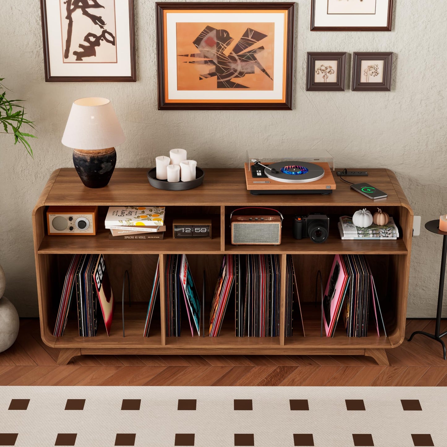 Boweniog Record Player Stand with Vinyl Storage Cabinet with Charging Station & USB Ports, Turntable Stand, Curved Vinyl Record Cabinet with Wood Legs for Bedroom Living Room (Walnut, 55inch)